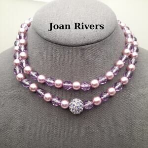 Vintage Joan Rivers Lavender Glass Pearls Crystal Beaded Necklace, Screw Clasp